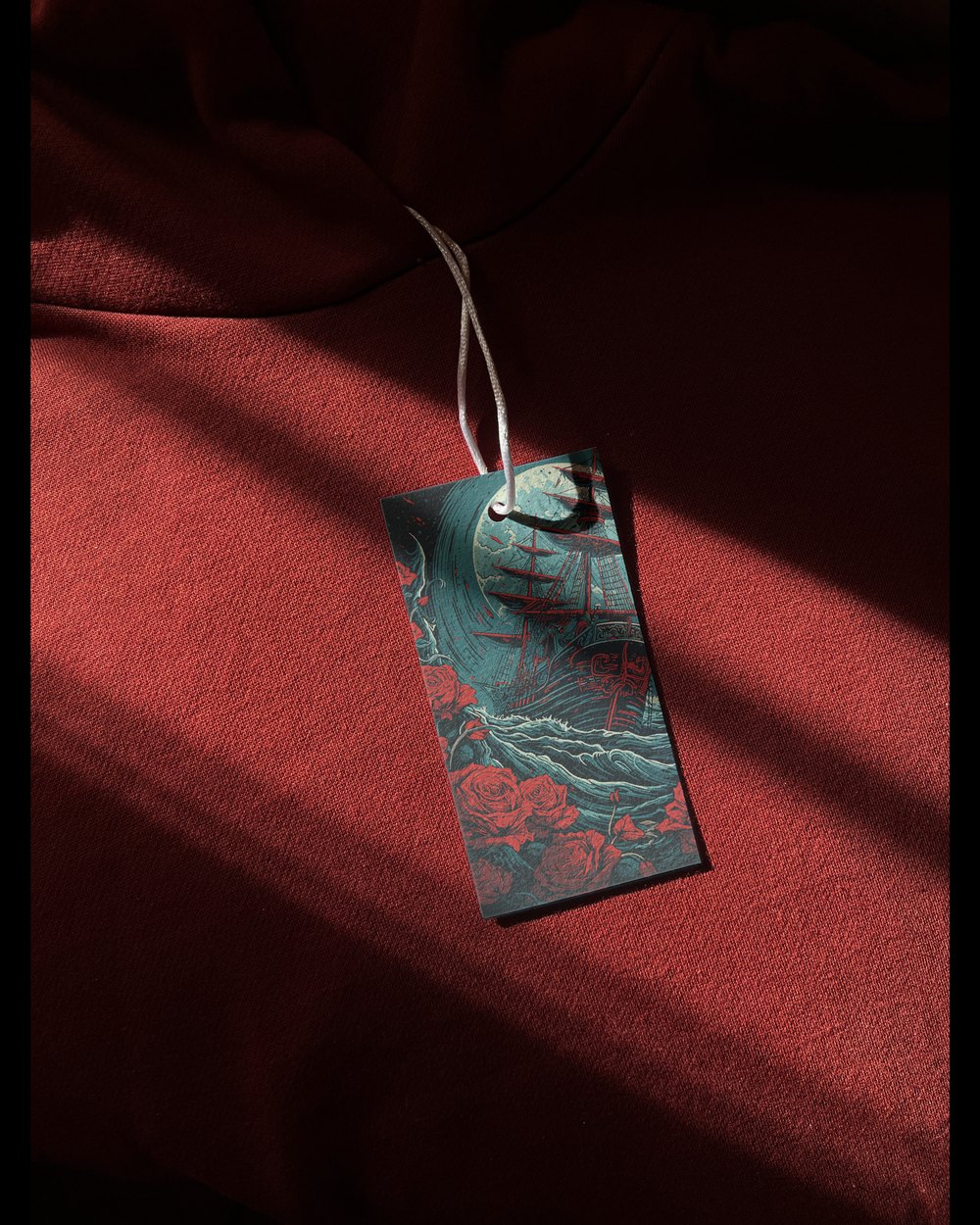 A garment hangtag illustrated with a ship at sea beneath a full moon, surrounded by roses