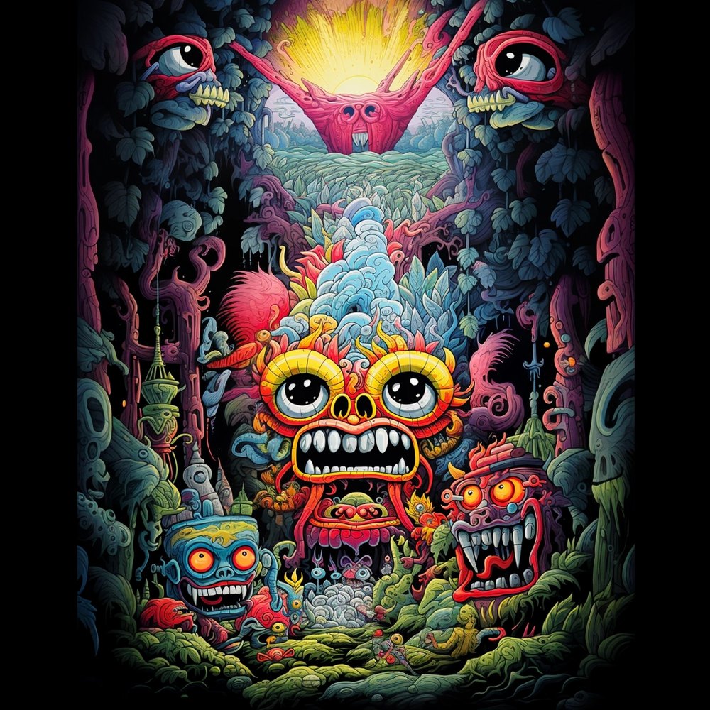 A monster mask peers from a jungle cave scene, colorful illustration