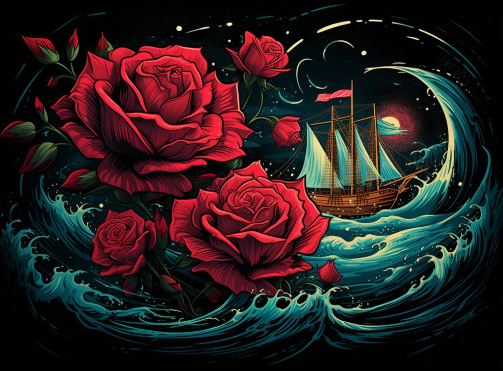 A sailing ship at night, framed by red roses and ocean waves