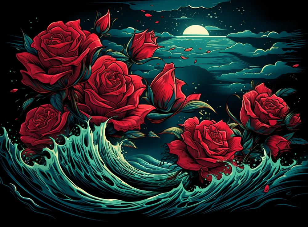 Red roses on ocean waves under a full moon