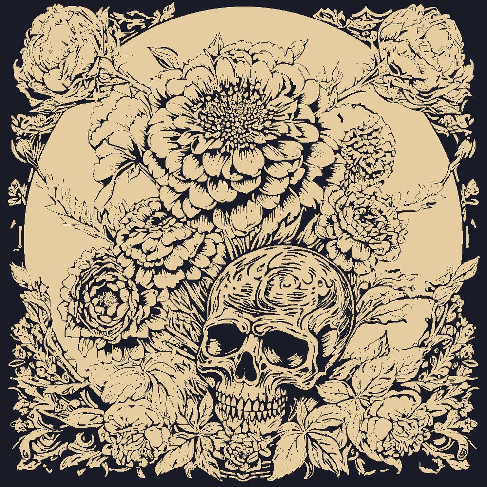 A black-and-white illustration of a skull wreathed in flowers