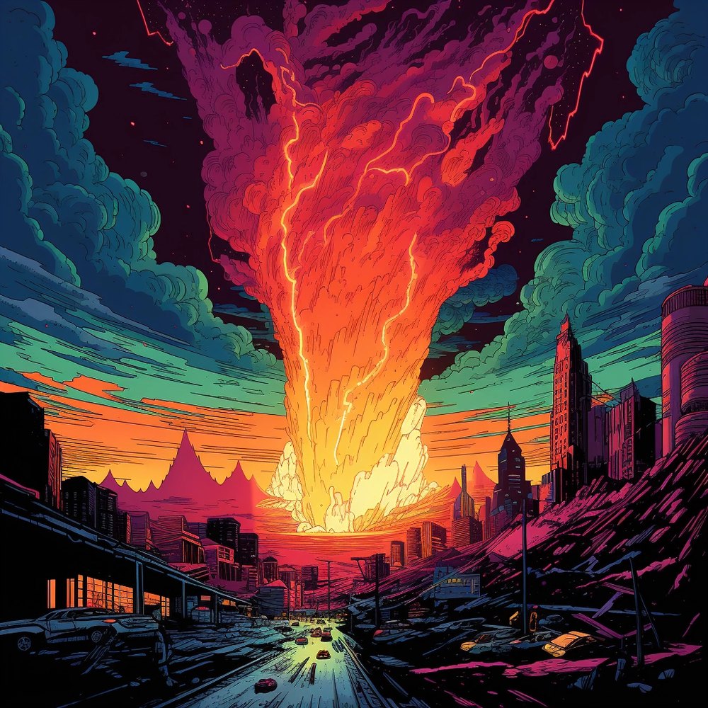 A volcanic fire eruption over a dark city skyline