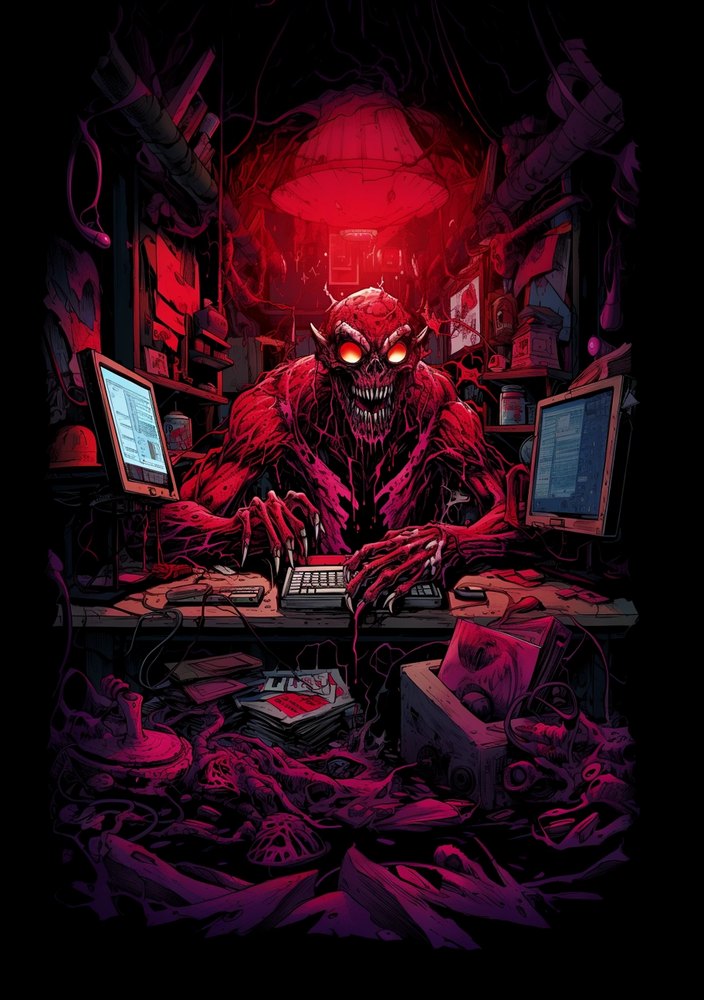 A red demon-like creature hunched over dual computer monitors in a dark room