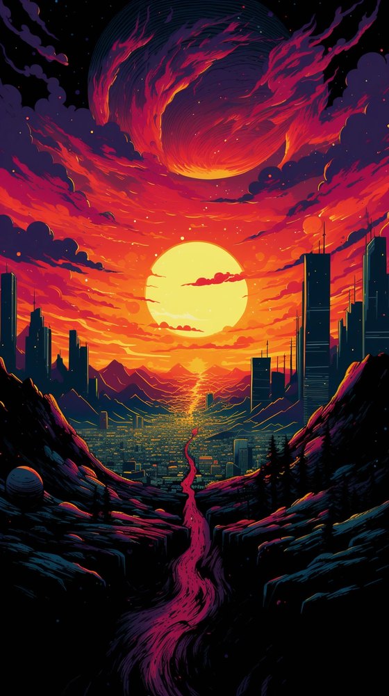 A city silhouette against a fiery sunset sky