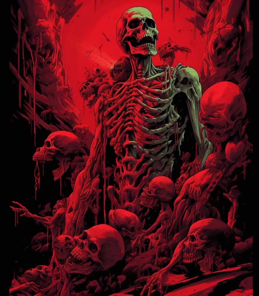 An ominous red-toned skeleton figure among skulls, illustrated