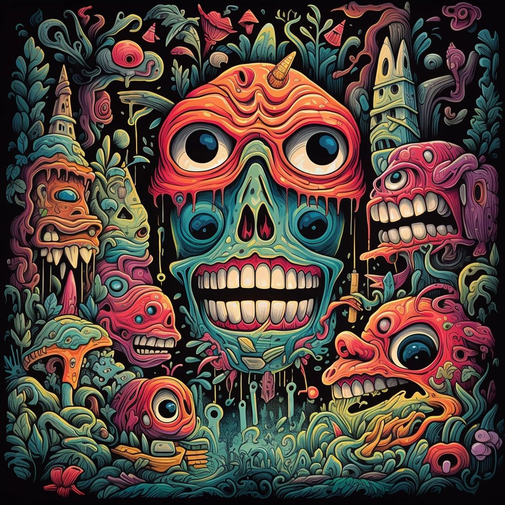 A colorful monster skull mask surrounded by smaller creatures