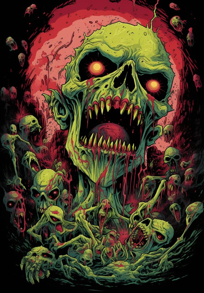 A green zombie skull emerging from foliage