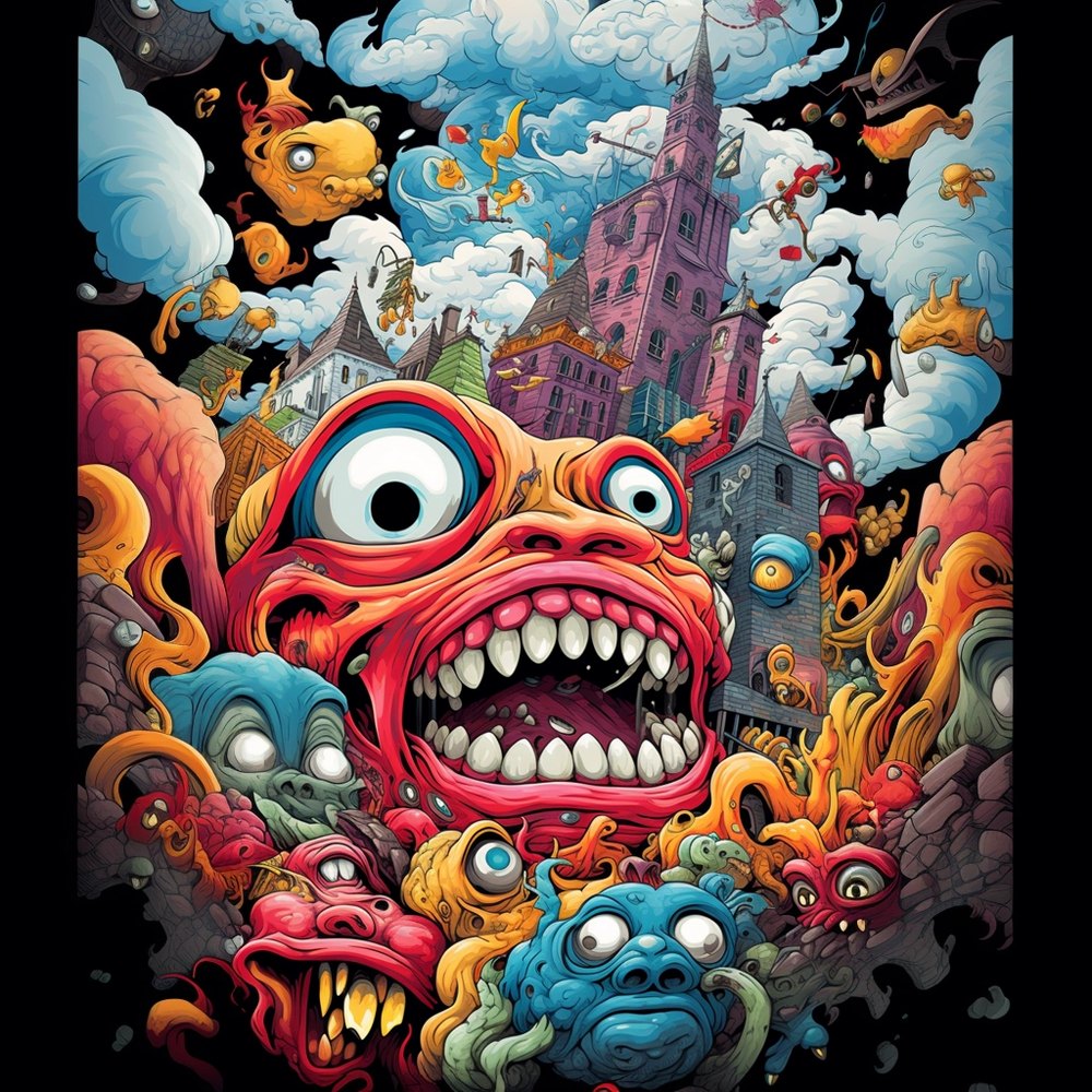A crowd of colorful cartoon monster characters in an urban scene