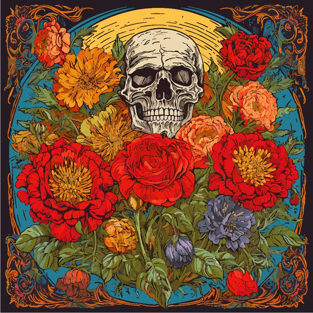 A skull wreathed in colorful flowers, folk-art style