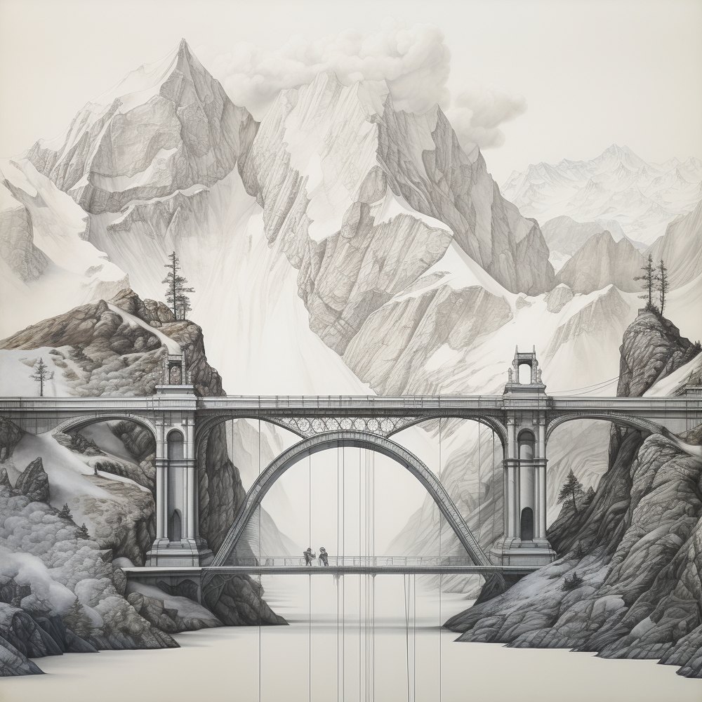 A fine-line black-and-white illustration of a mountain and suspension bridge