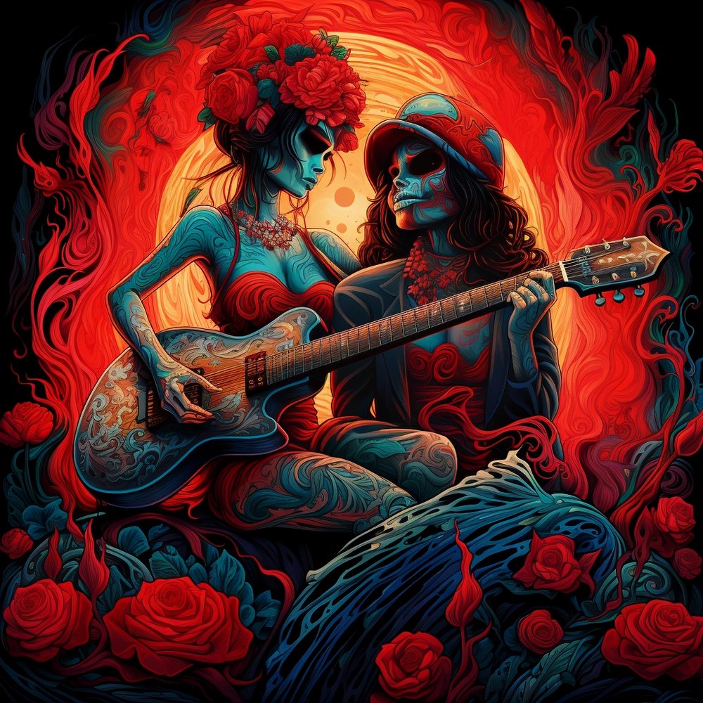 A red-and-blue illustrated couple, one playing guitar, Day of the Dead style