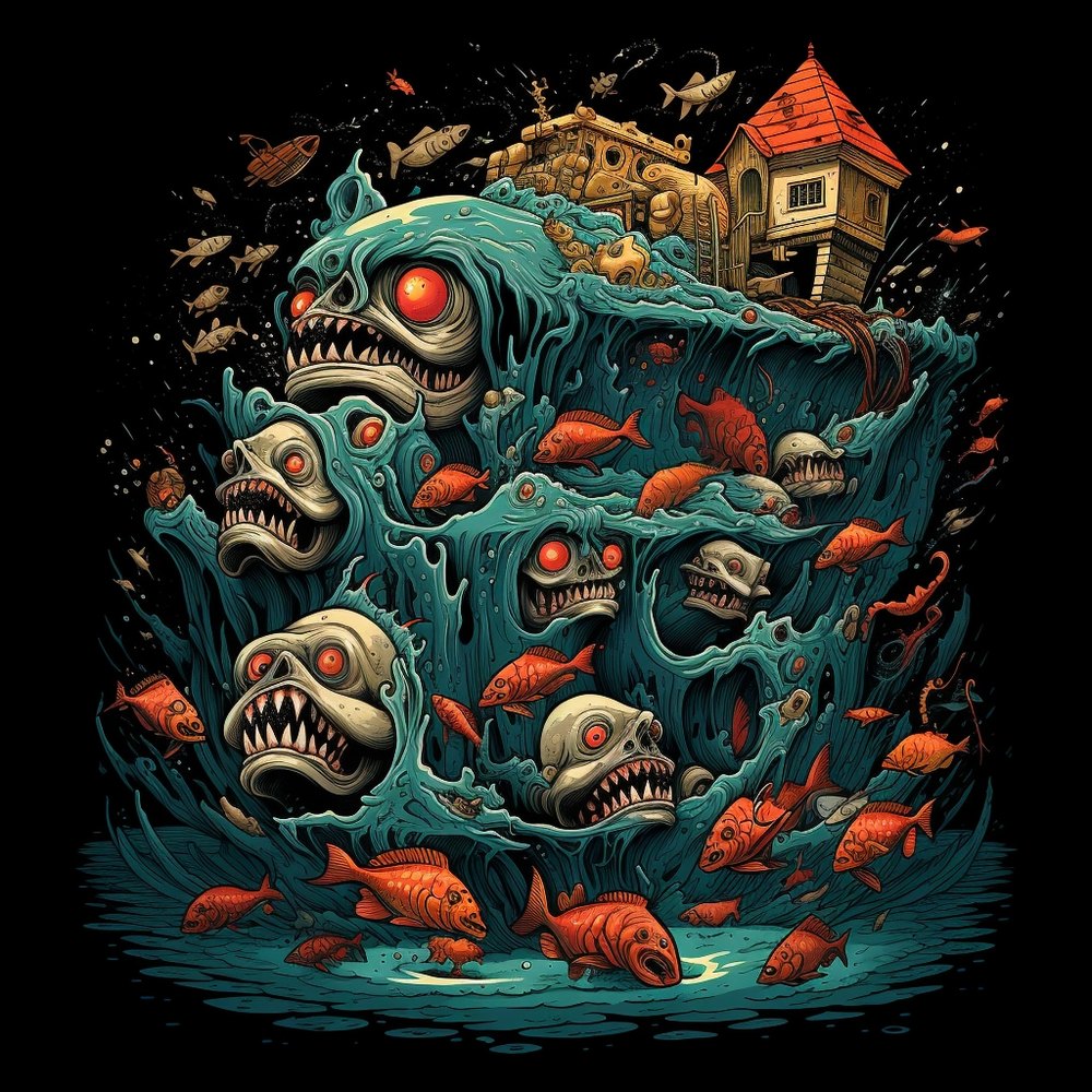 A wave of skull-faced monsters with red eyes, orange fish, and a small house on top