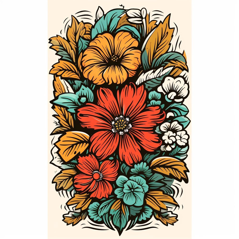 A symmetrical floral pattern in cream and orange