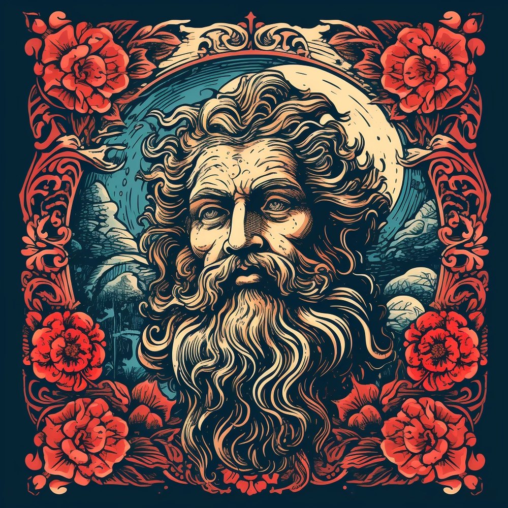 A bearded bust portrait in an ornate medallion frame
