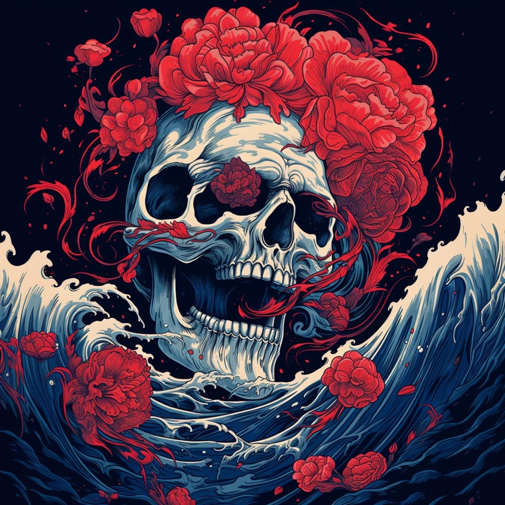 A skull emerging from ocean waves, wreathed in roses