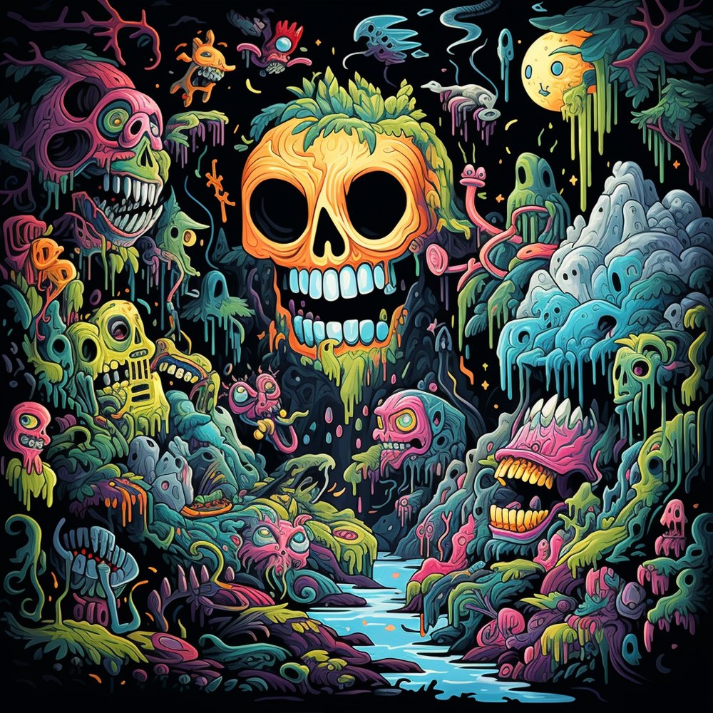 A glowing skull rising from a colorful, overgrown jungle scene