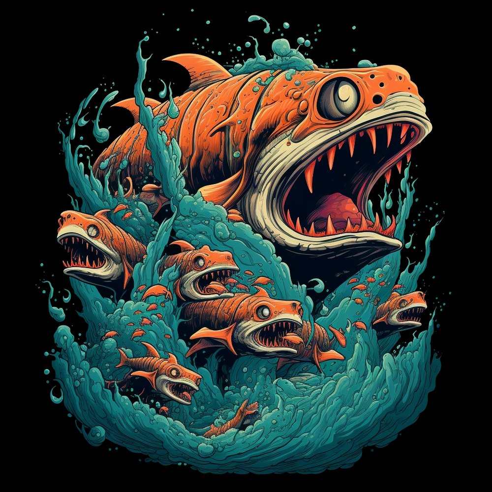 An angry-looking fish illustration in teal tones