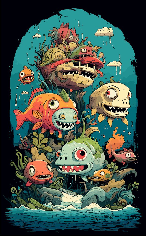 A shoal of cartoon fish with sharp teeth, illustrated