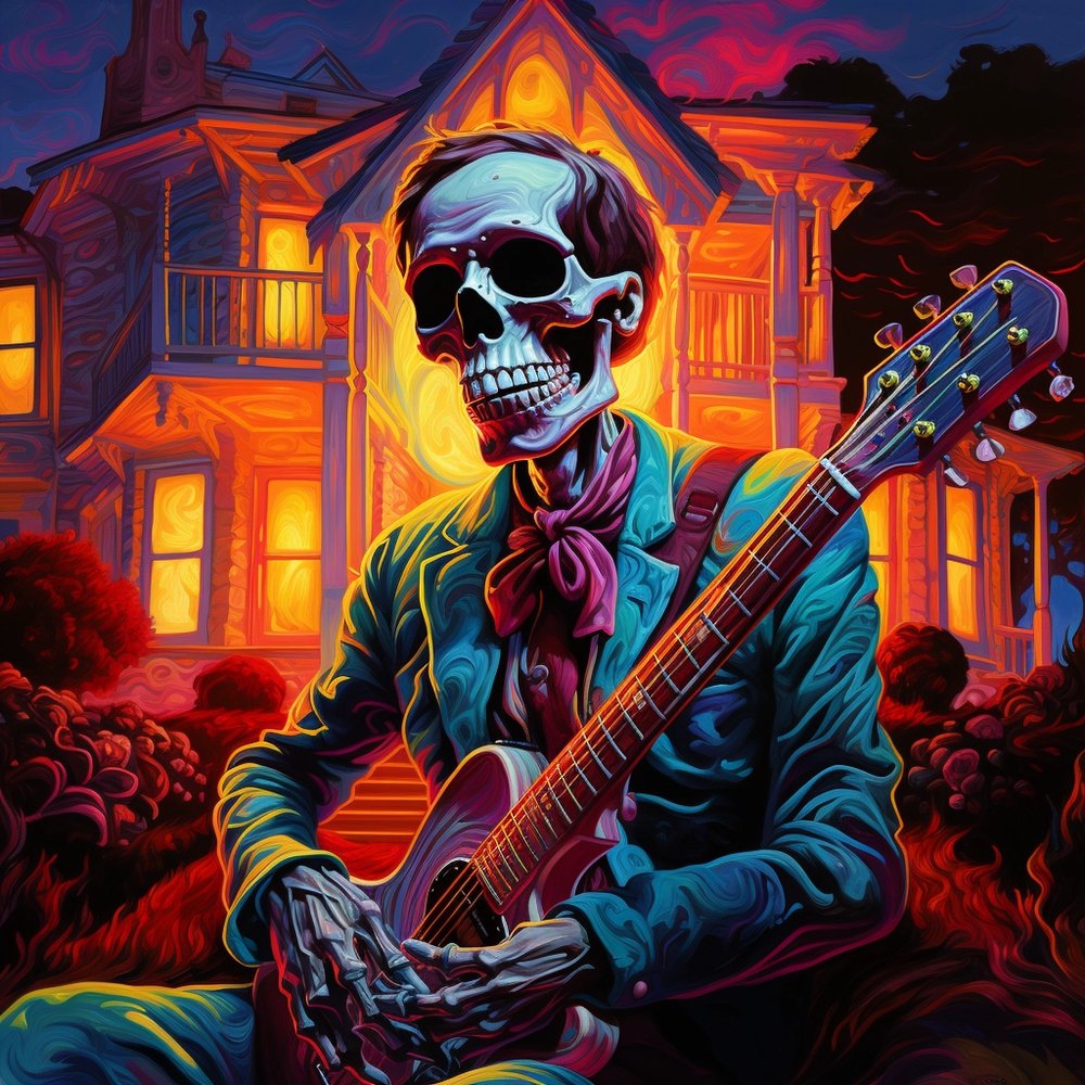 A skeleton playing guitar outside a glowing house at night