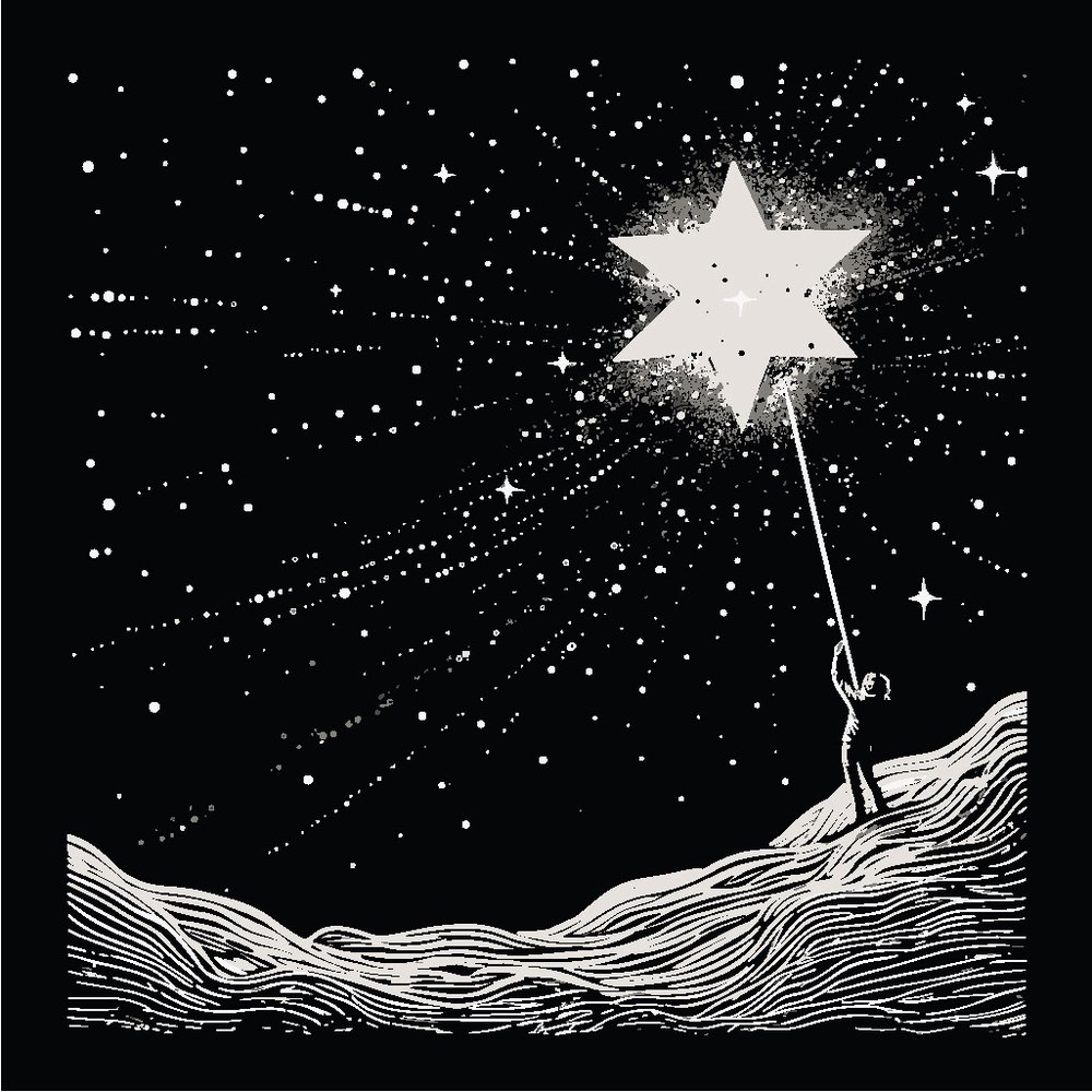 A black-and-white illustration of a tiny figure reaching for a star