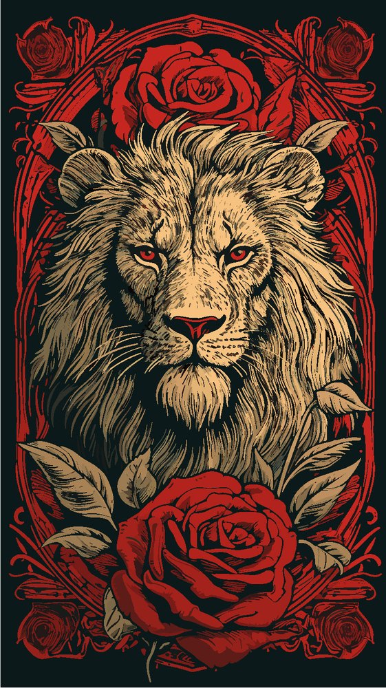 A lion's head portrait wreathed in roses