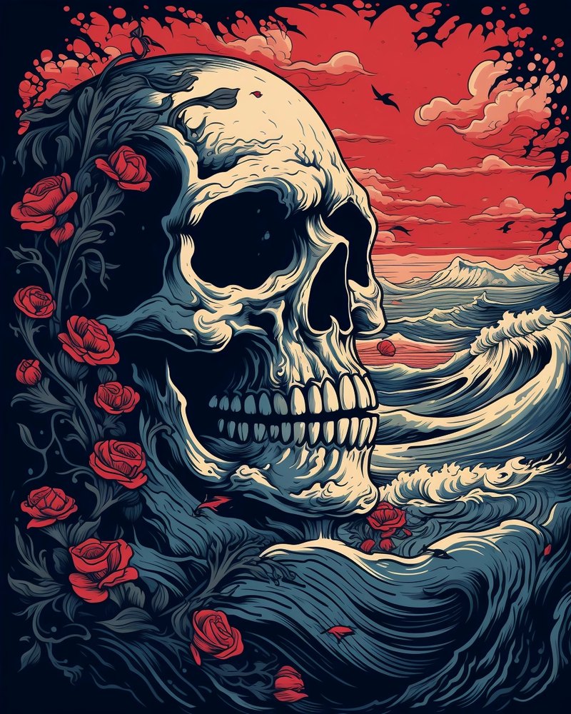 A skull wreathed in roses against ocean waves