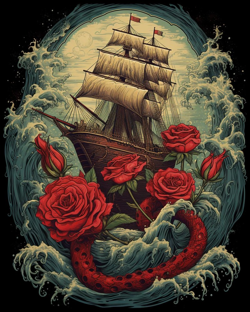 A sailing ship caught in a stormy sea of roses, circular composition