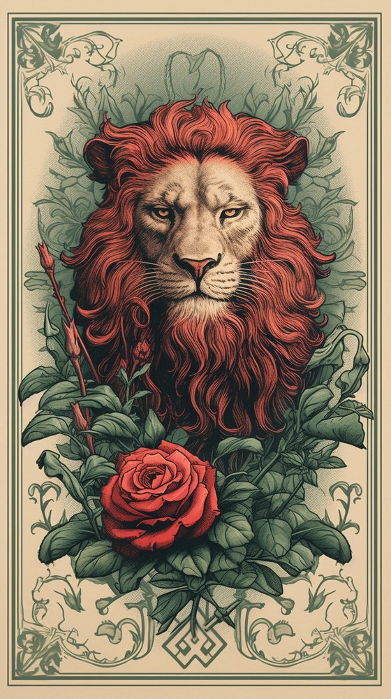 A lion crest surrounded by roses