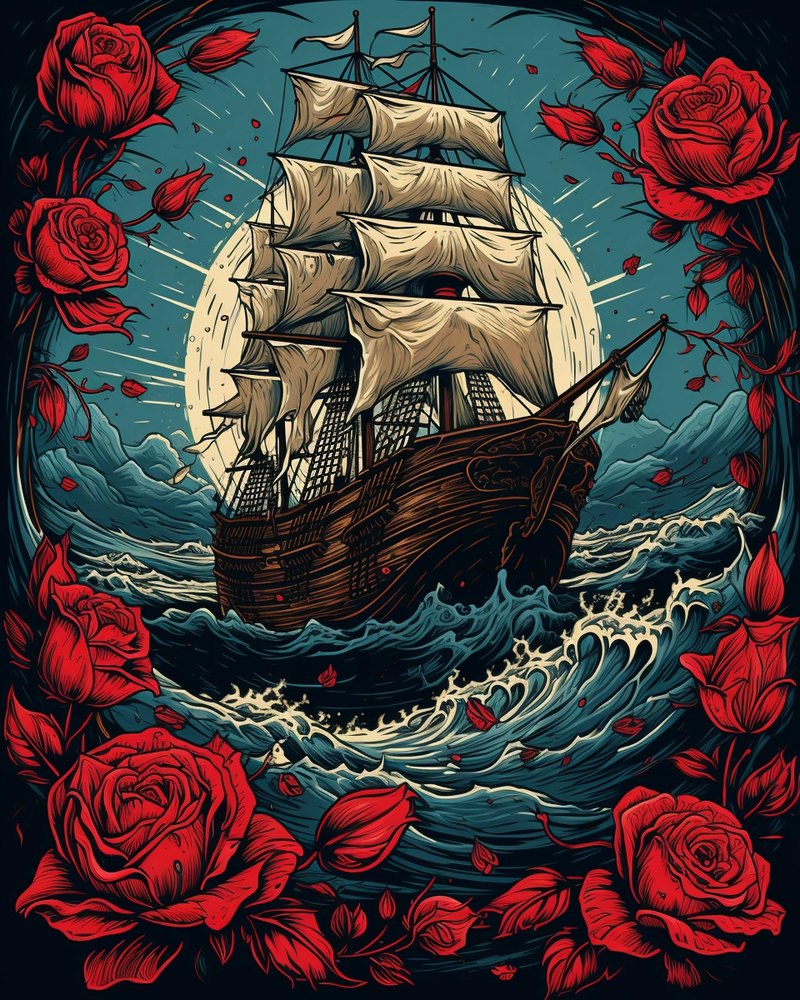 A sailing ship on a stylized wave, in teal and cream