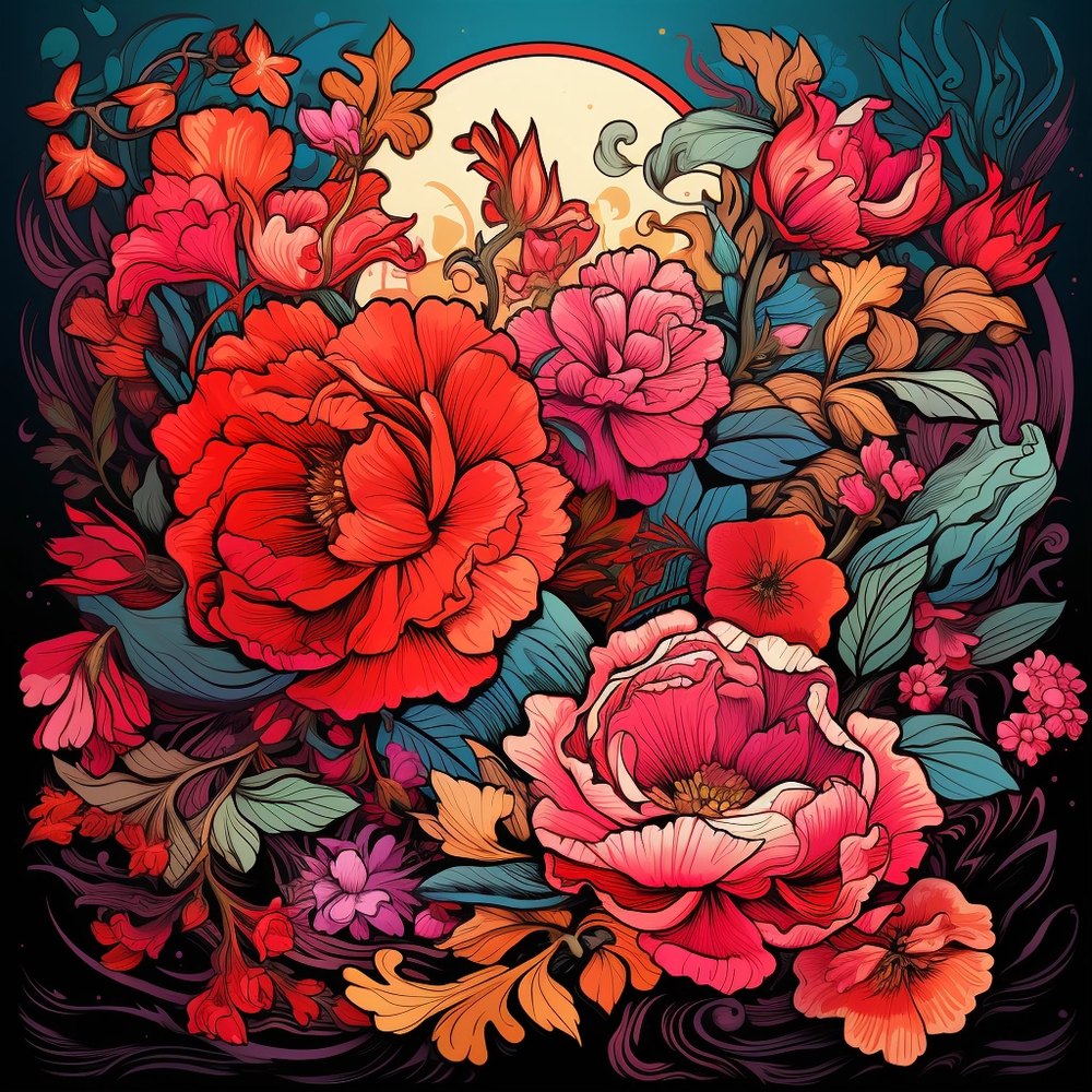 A bouquet of roses and peonies in pink and red