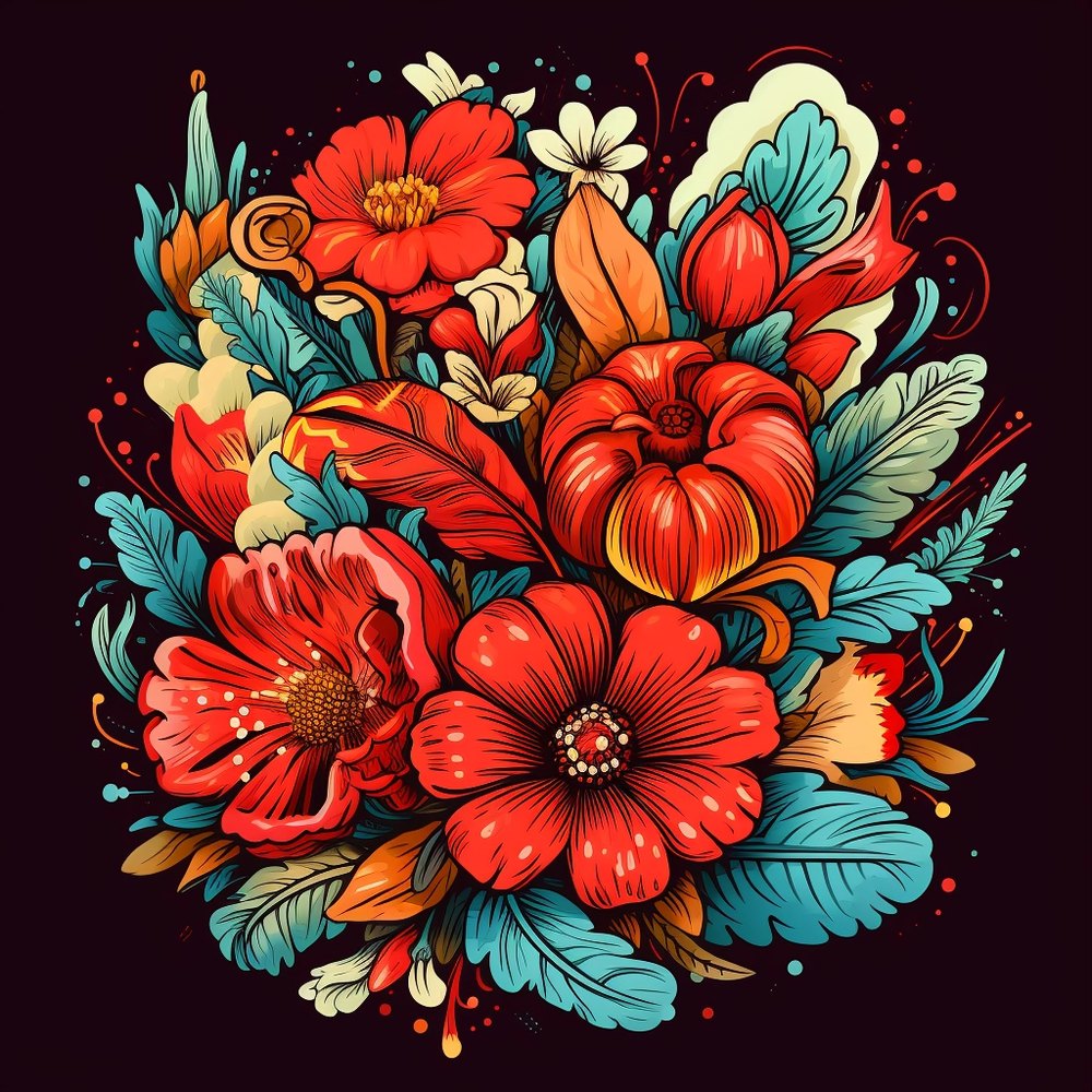 A red and teal floral bouquet illustration