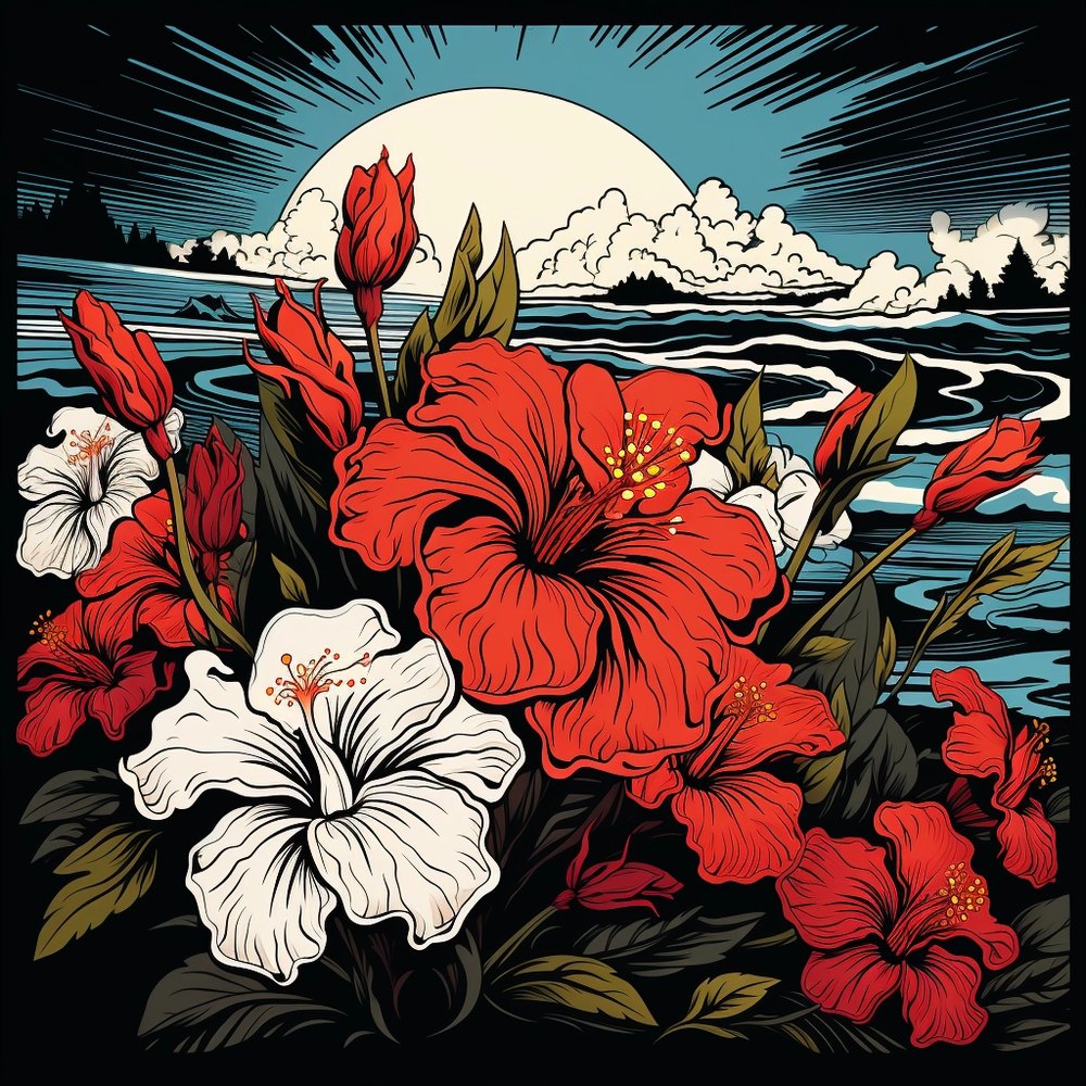 White and red flowers against a coastal scene
