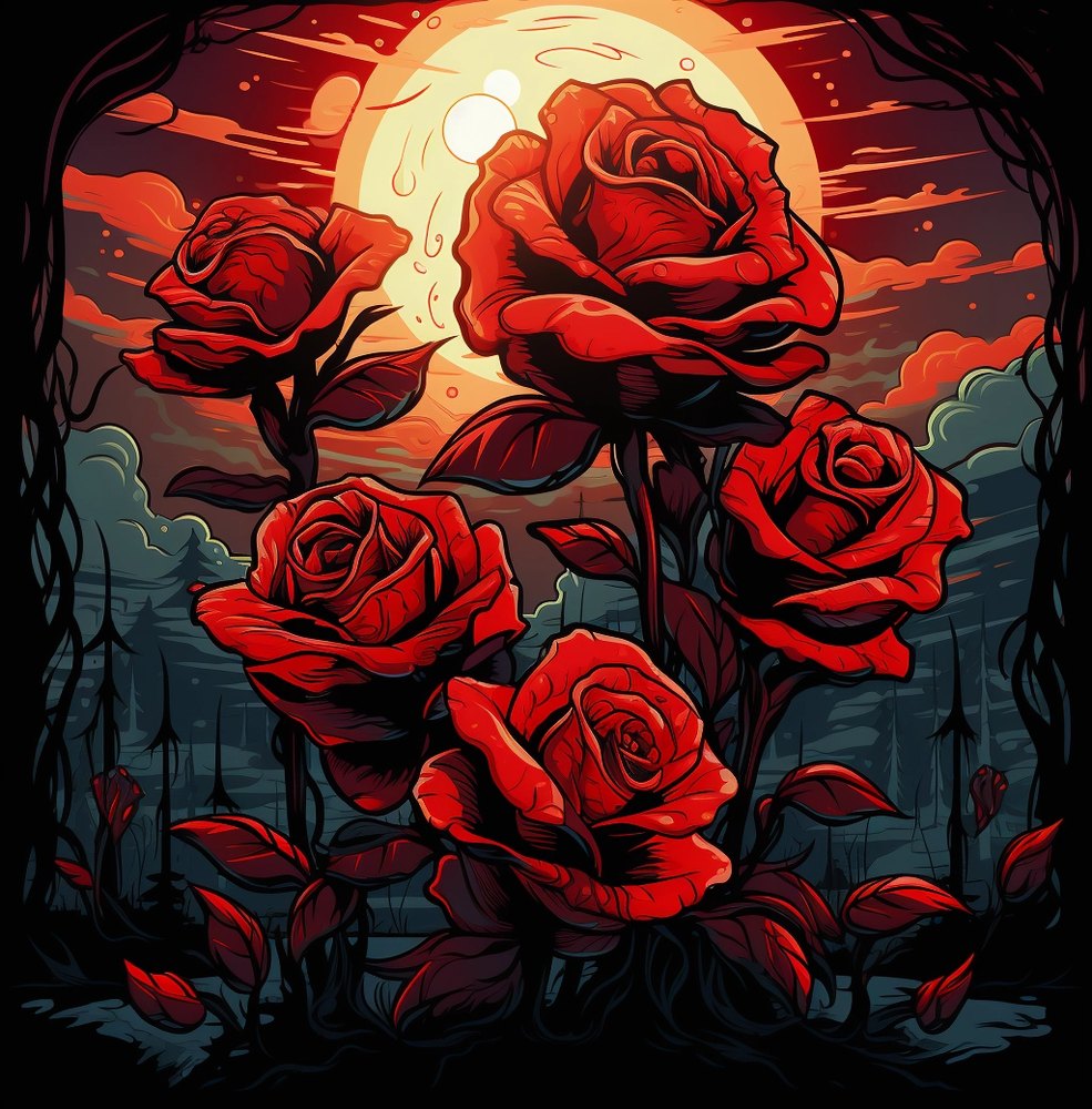 Roses silhouetted against a dark, moonlit scene