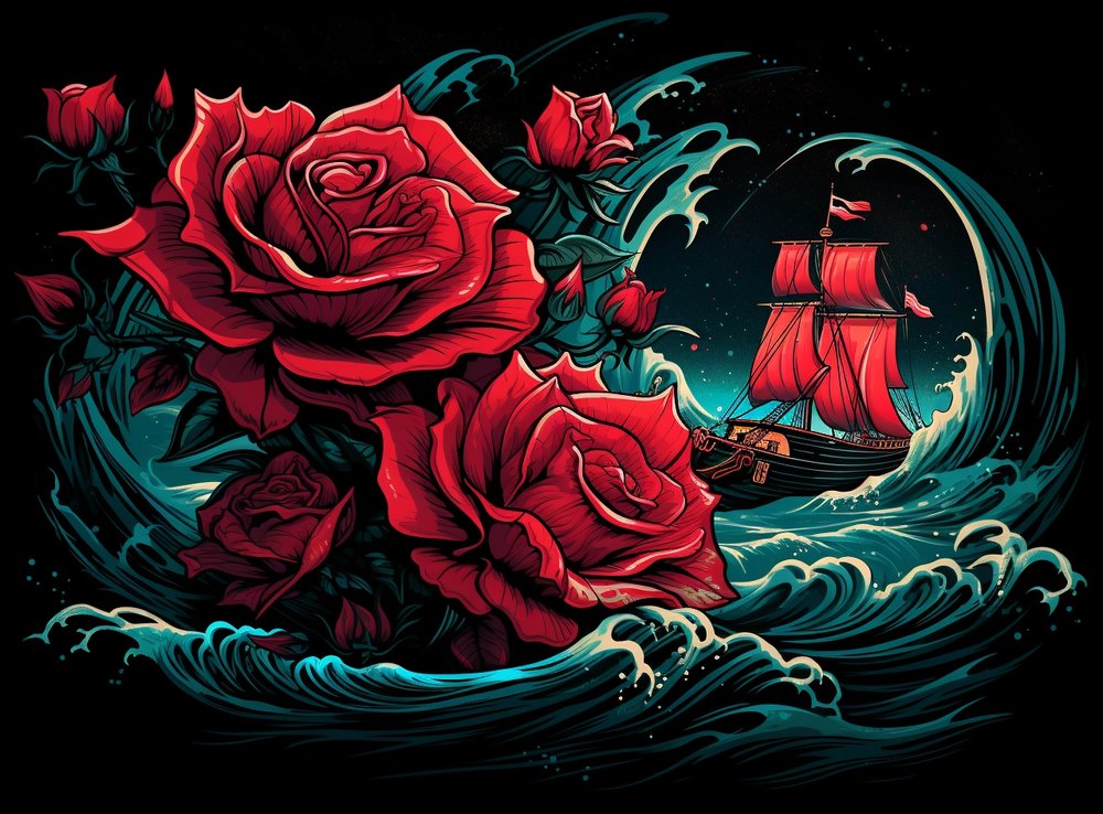 A small ship and roses illustration in teal