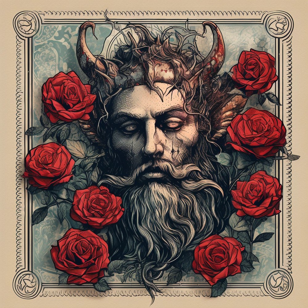 A horned, bearded figure surrounded by roses