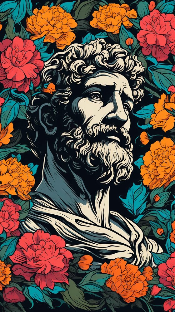 A bearded bust portrait framed by orange flowers