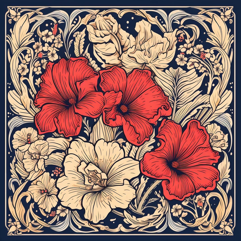A symmetrical floral pattern in cream and navy