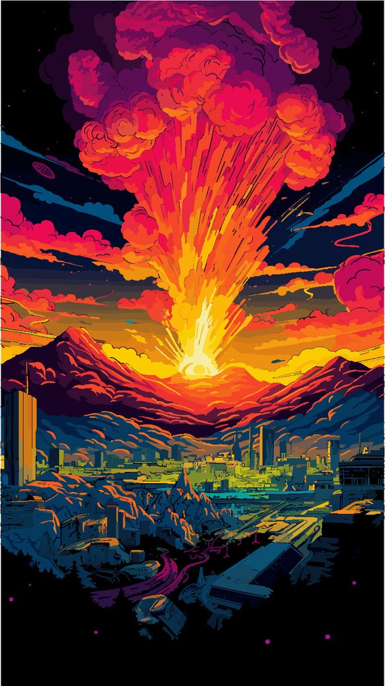 A vertical illustration of a volcanic eruption in vivid colors
