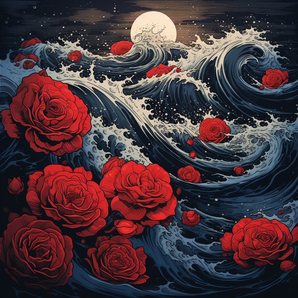Roses scattered across dark, swirling ocean waves