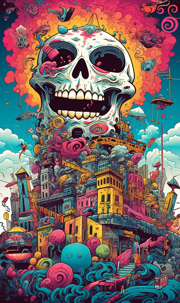 A glowing skull rising above a colorful illustrated cityscape