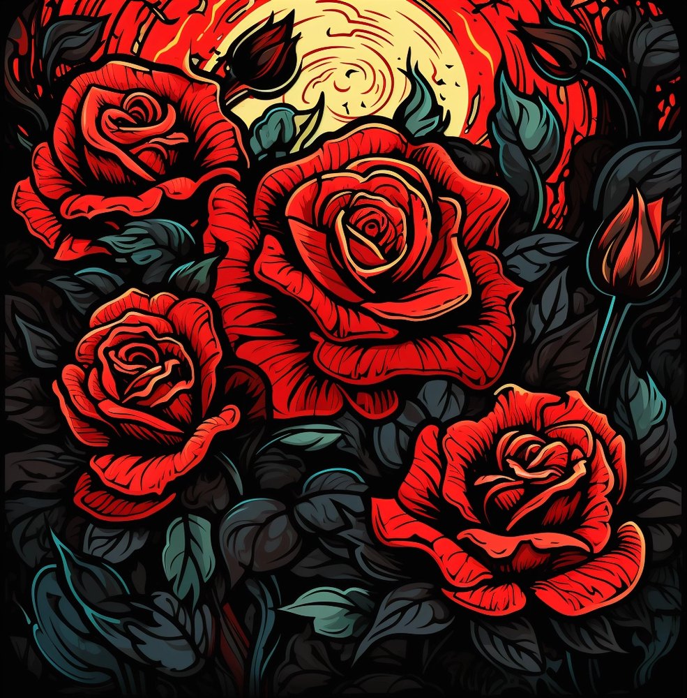 A cluster of three red roses