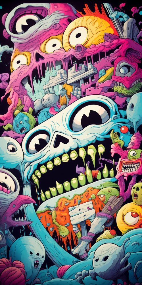 A tall, psychedelic collage of monster faces and eyes