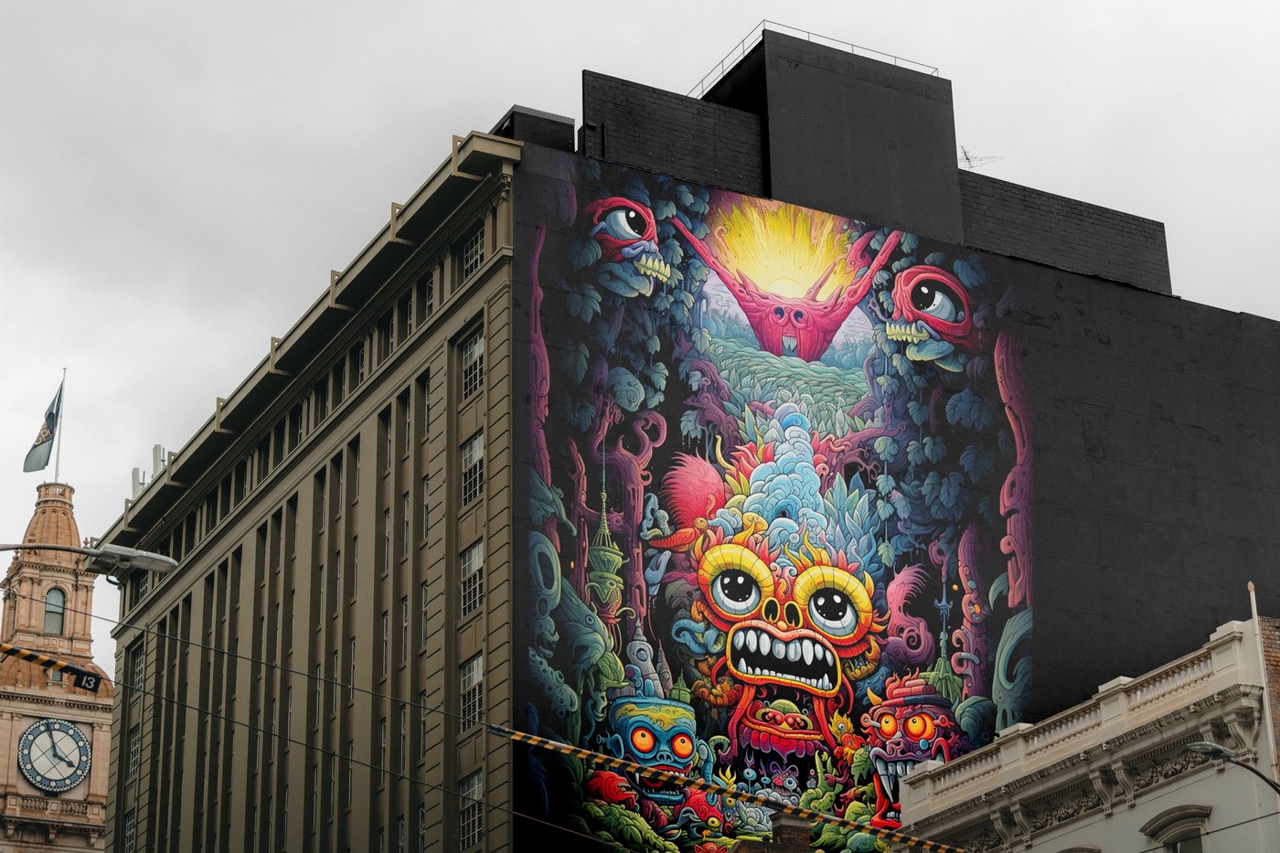 A building-sized mural of a totem-like creature covered in watching eyes, above a city street, shown in full