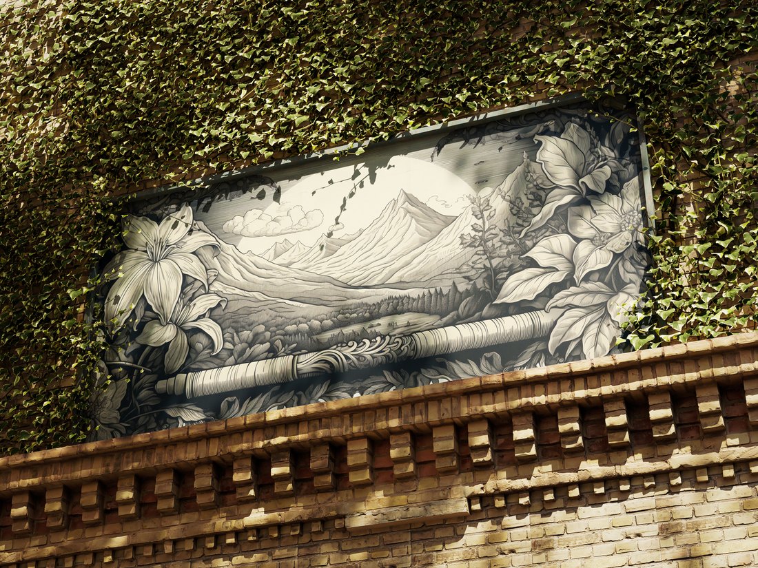 A fine-line illustrated mural of mountains, flowers and a pipeline, set into a brick wall covered in ivy