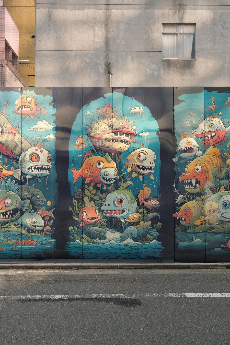 An illustrated mural of grinning monster-fish on a building wall above a street