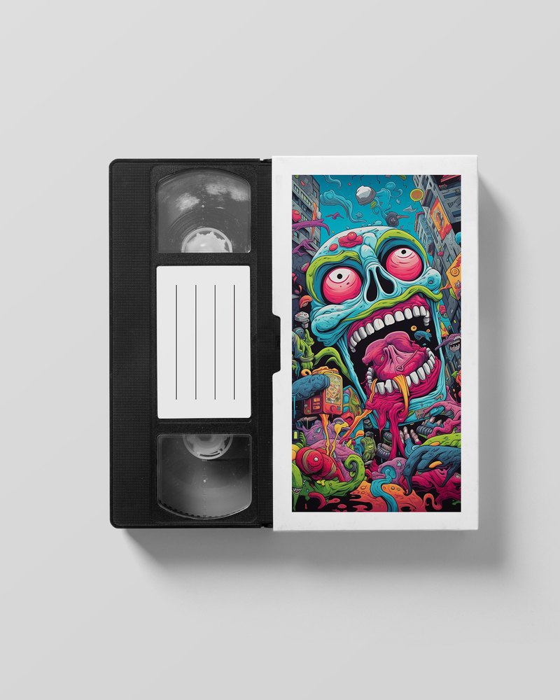 A VHS tape with a psychedelic zombie illustration on the cover