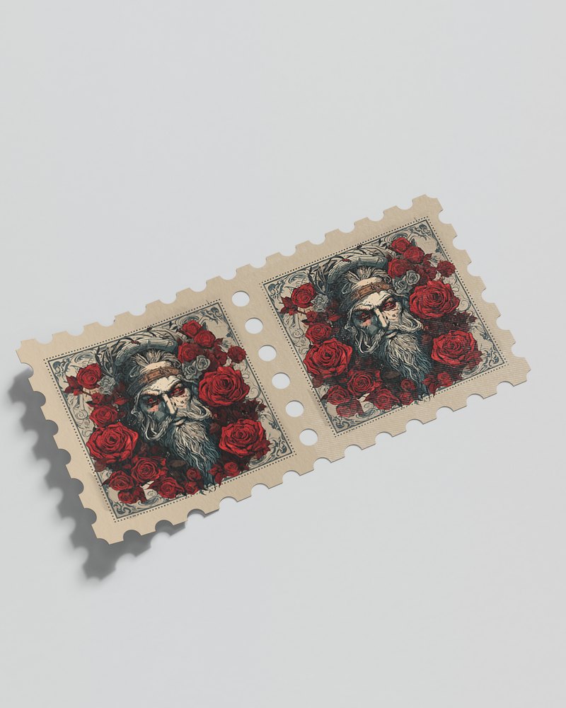 A pair of postage stamps illustrated with a bearded figure surrounded by roses