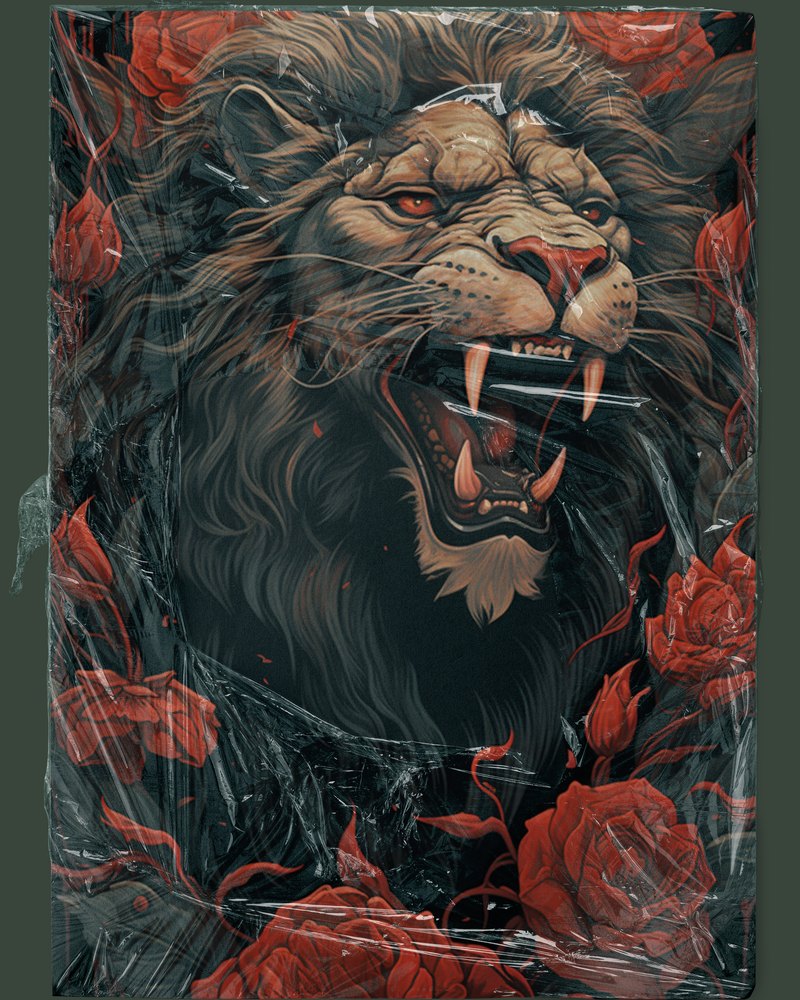 A shrink-wrapped canvas print of a roaring lion surrounded by roses