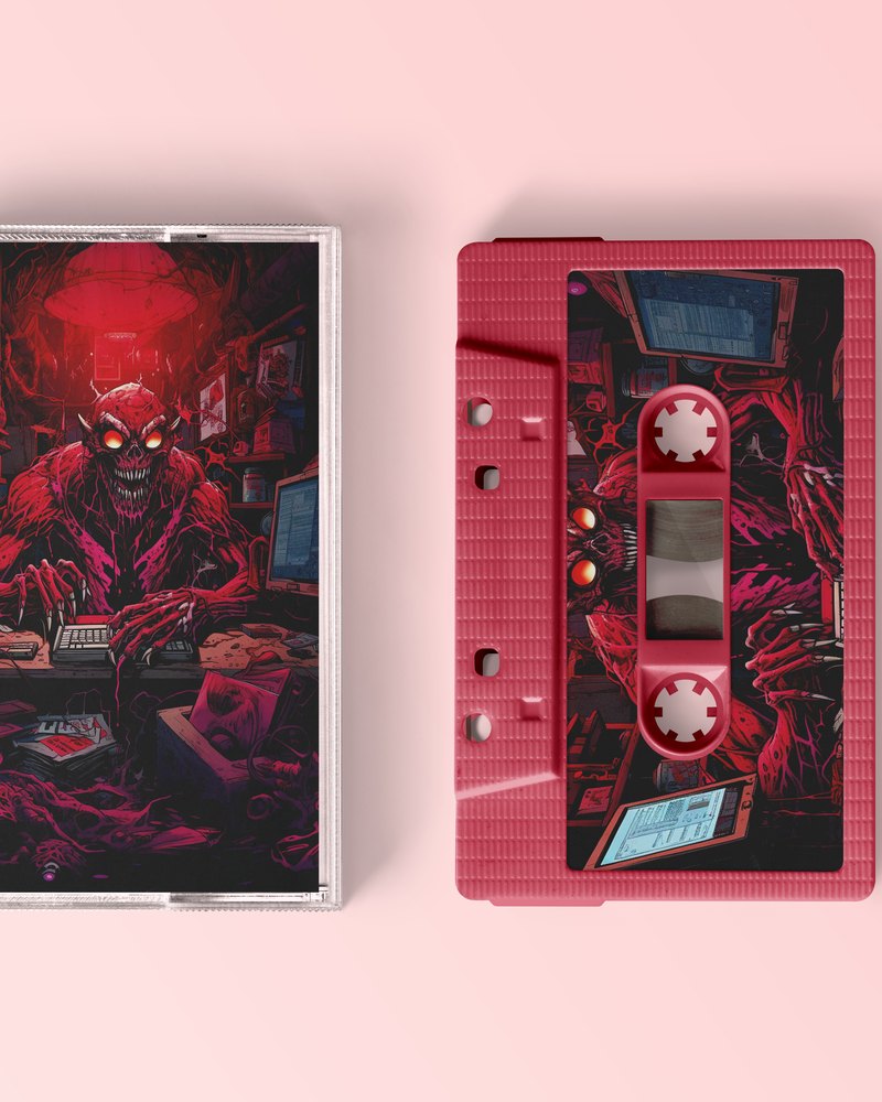 A cassette tape and case illustrated with a red demon working at a computer