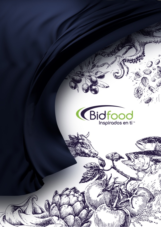 A Bidfood catalogue cover — dark-navy draped textile over hand-drawn food illustrations and the Bidfood logo